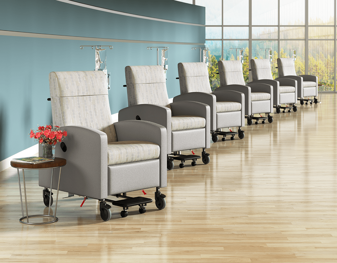 5” independent locking casters and fixed front casters provide stable steering. 180° swing arms allow barrier-free patient transfer while innovative foot-operated latches and controls reduce strain on the caregiver.