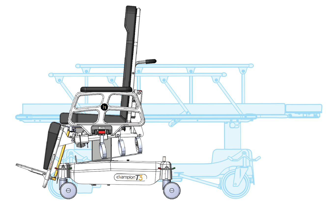 In the seated position, T-Series Procedure Chairs require half the space of a traditional stretcher and are easy to navigate through hallways, elevators and other close quarters. Plus, the small footprint frees-up floor space so additional units can be stored more efficiently.