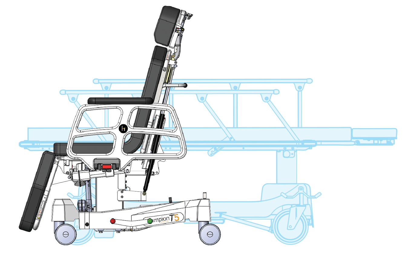 In the seated position, Champion's T-Series Procedure Chairs require half the space of a traditional stretcher and are easy to navigate through hallways, elevators and other close quarters. Plus, the small footprint frees-up floor space so additional units can be stored more efficiently.