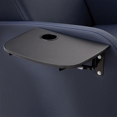 Black fold-away table with cup holder